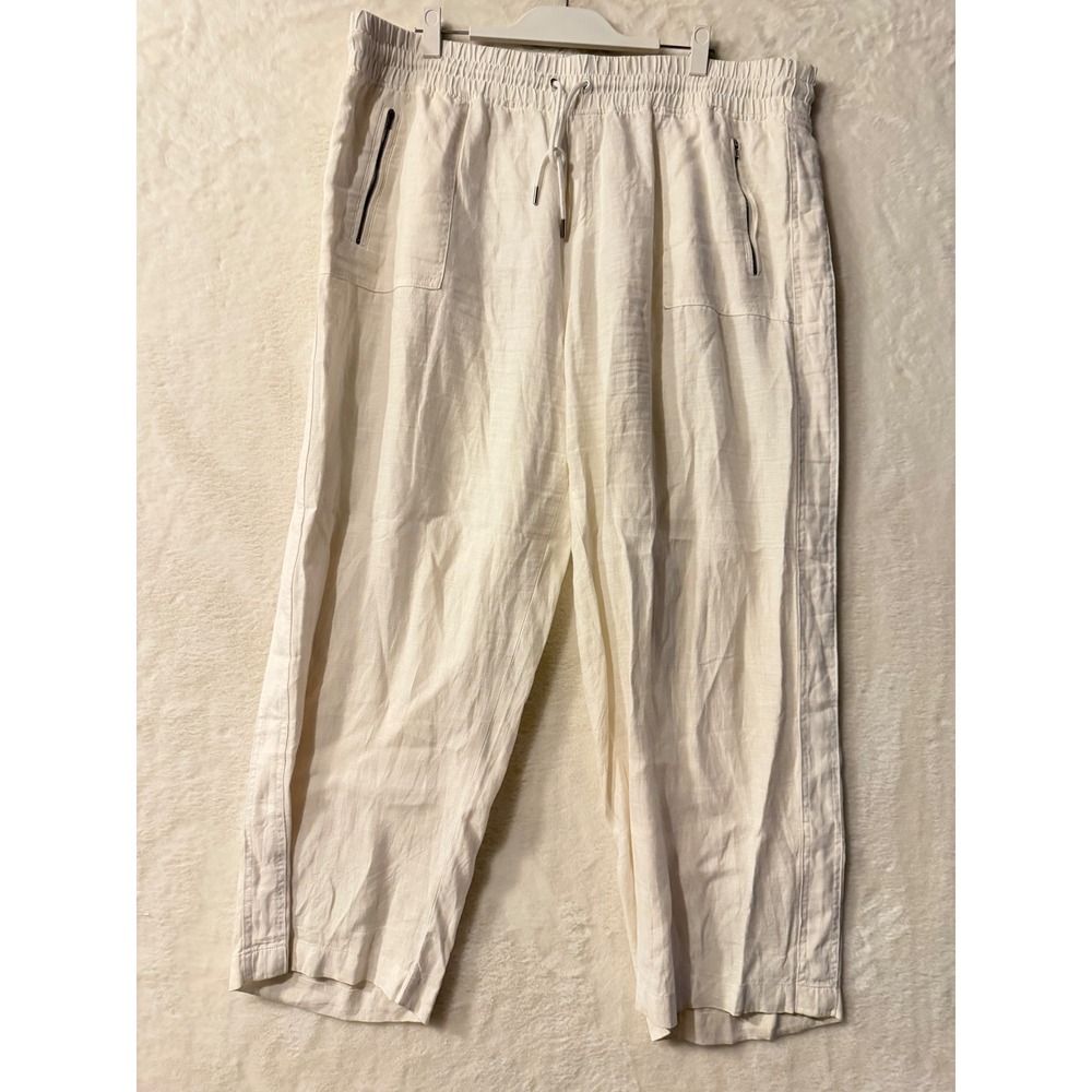 Athleta Cabo Linen‎ Wide Leg Pants White Size 20 Elastic Waist Drawstring 447244